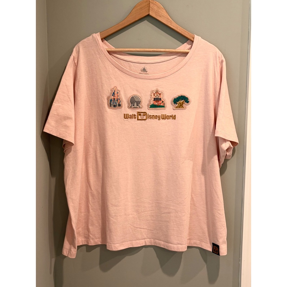Disney World Parks Icon Embroidered T-Shirt Peach Pink Women 2X Short Sleeve